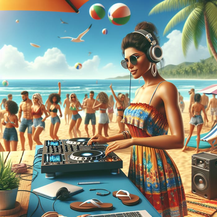 Hispanic Female DJ Spinning Summer Vibes | Beach Party Fun