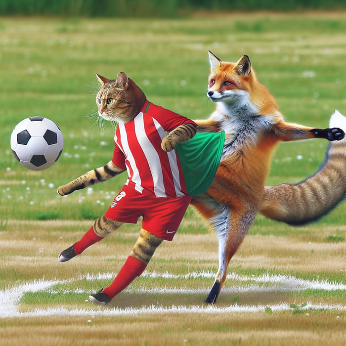 Cat and Fox Hybrid Playing Soccer - Feline Agility & Foxlike Skills