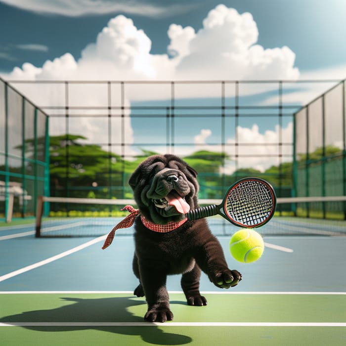 Adorable Black Sharpei Dog Playing Tennis Outdoors