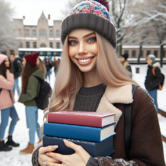Smiling Woman with Books at University Campus in Winter