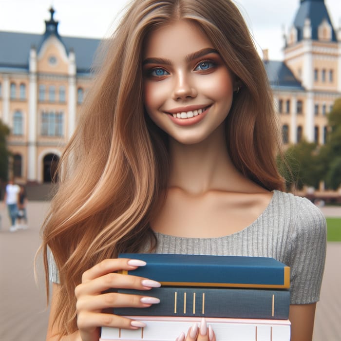 Girl with Blue Eyes and Light Long Hair Smiling, Holding 3 Books | University Background