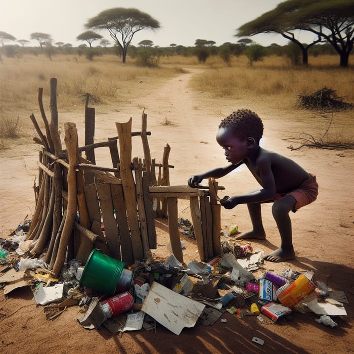 Young Black Child Building House in Africa with Recycled Materials