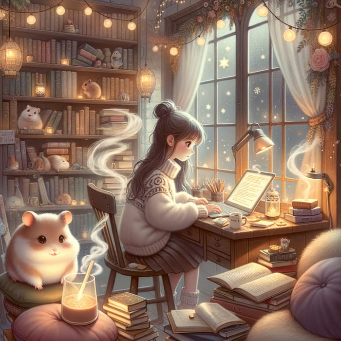 Tranquil Lofi Study Scene with Teenage Girl and Curious Hamster