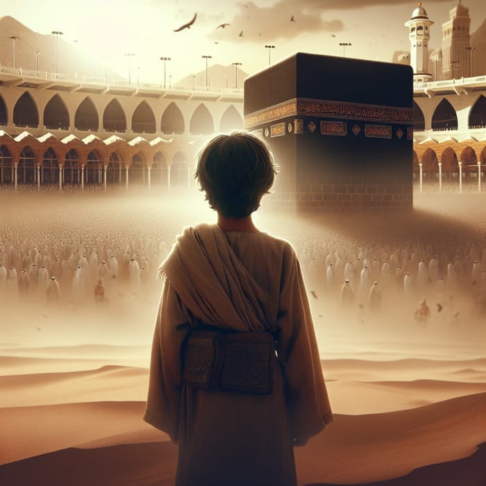 Middle-Eastern Boy Standing in Pre-Islamic Desert with Kaaba
