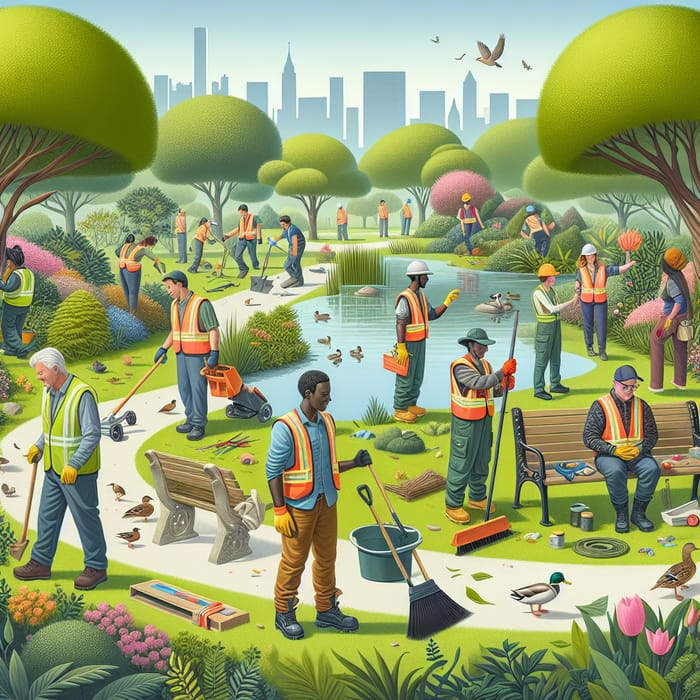 Mantenimiento y Medio Ambiente: Workers Harmoniously Maintain Lush Park