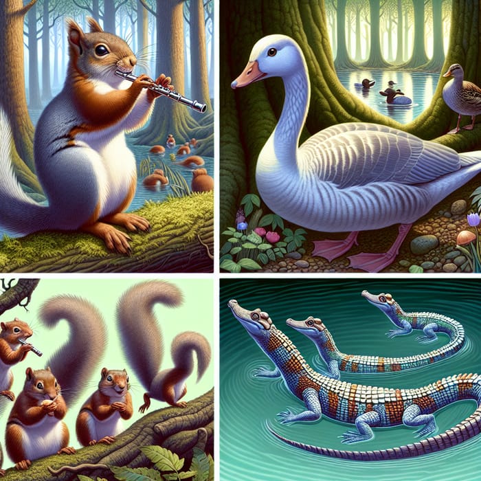 Enchanting Woodland Illustration with Musical Squirrels and Mythical Amphibians