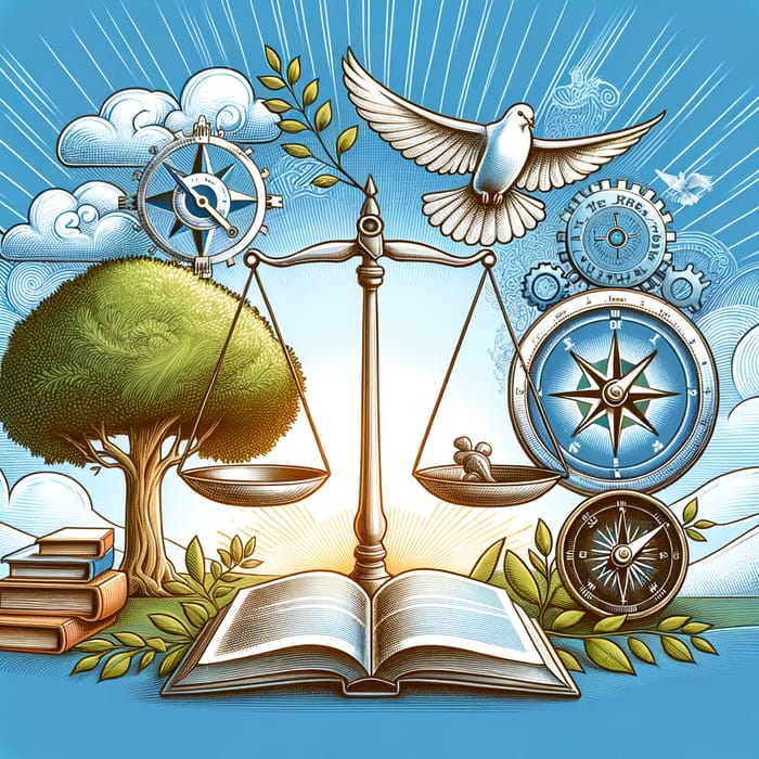 Symbolic Representation of Ethics: Balanced Scales, Open Book, Dove, Compass & Oak Tree