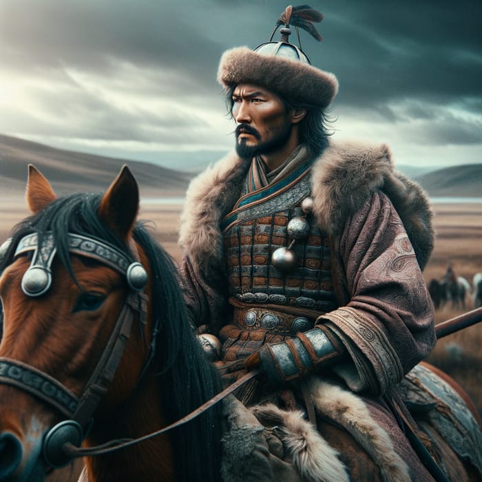Genghis Khan Portrayed in Traditional Mongolian Attire on Horseback