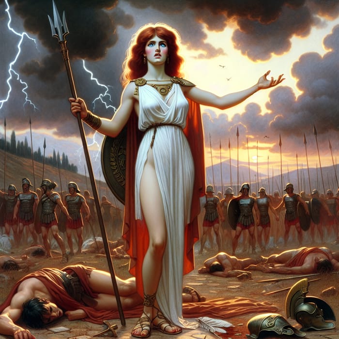 Euthybides: Epic Greek Warrior Amidst Fallen Soldiers in Storm