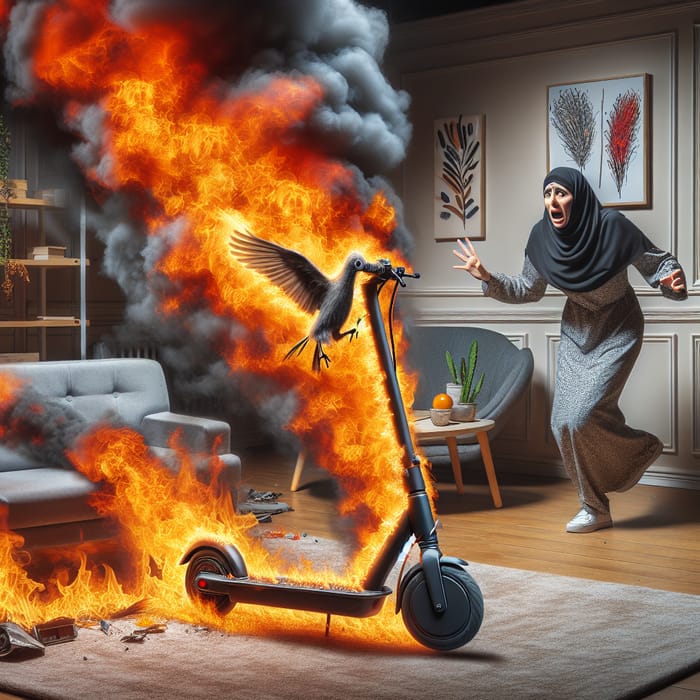 Dramatic Home Incident: Woman Escaping from Burning E-Scooter