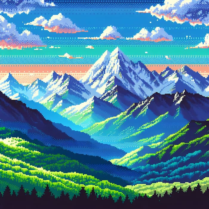 Vibrant Pixel Art Landscape: Majestic Mountains and Sky