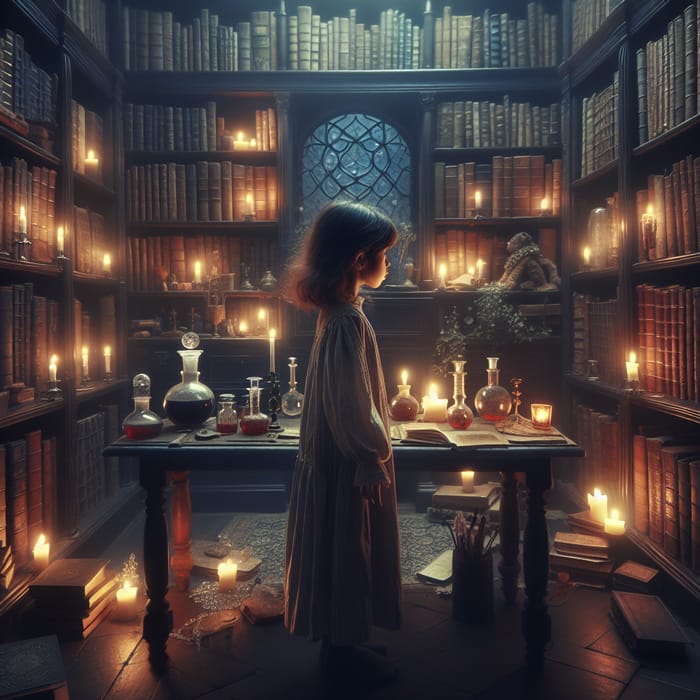Enchanted Cozy Library with Alchemy Table and Vintage Books