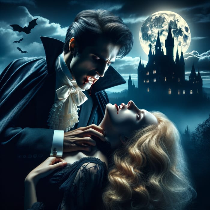 Moonlit Gothic Vampire Bite: Dracula Feeding on Blonde Woman