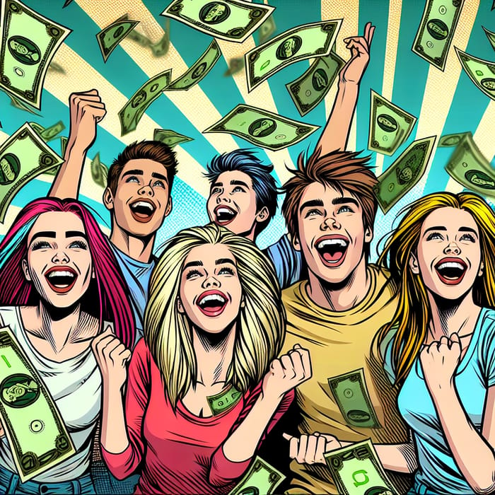 Teenagers Surrounded by Cash - Pop Art Roy Lichtenstein Inspired Scene