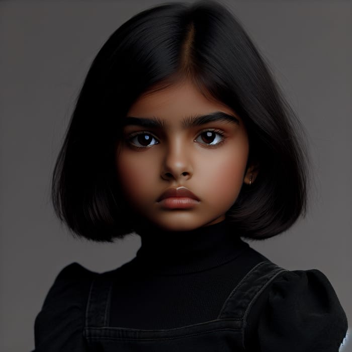 Serious South Asian Girl in Black Attire with Short Hair