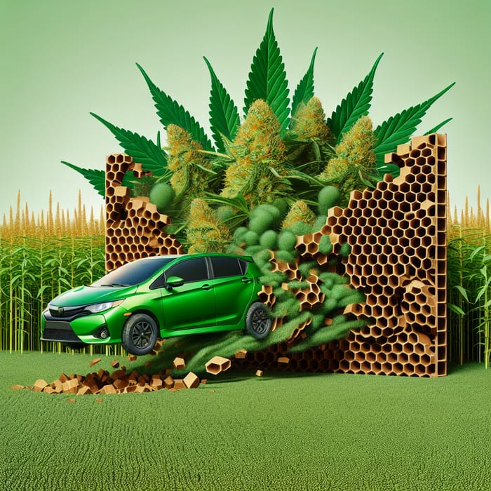 Green Car Emerges from Brown Honeycomb Wall