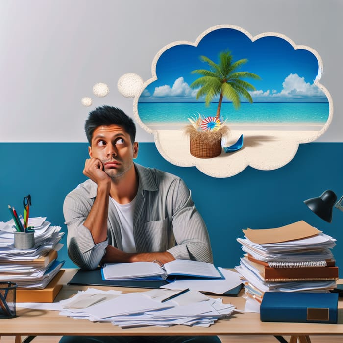 Person Puzzled Among Books, Dreaming of Beach Escape