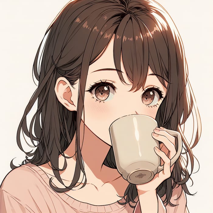 Anime-Style Illustration of Woman Drinking Coffee in Light Colours