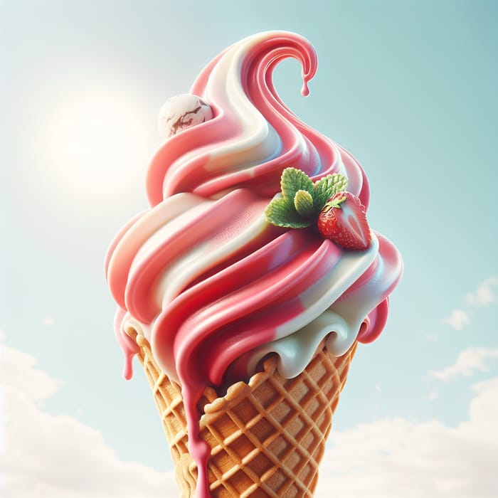 Vibrant Strawberry, Vanilla & Mint Ice Cream in Waffle Cone | Tempting Summer Delight