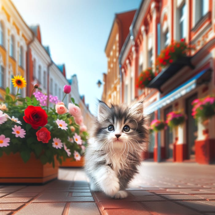Playful Kitten Amidst Blooming Flowers on City Street