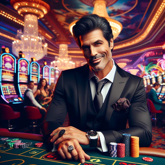 High Rollin' Casino Daddy | Hispanic Man in Black Suit Glamour