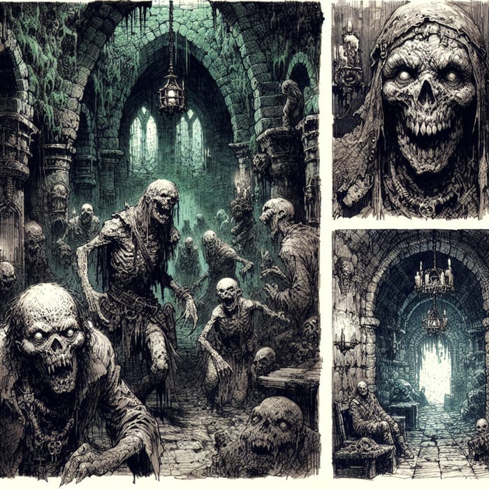 Eerie Dungeon with Undead Creatures | Dark Gothic Illustration