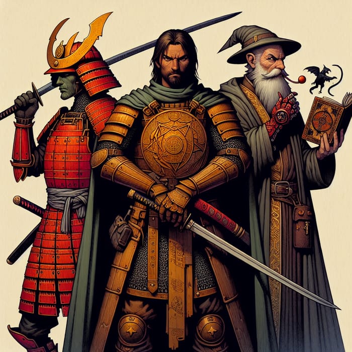 Medieval Heroes: Samurai, Bogatyr, and Scientist Vampire in Medieval Style Painting