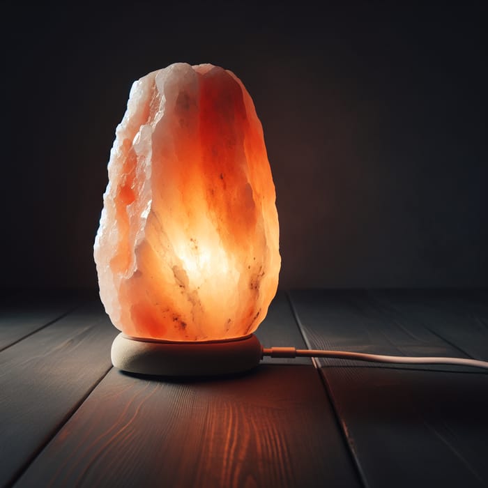 Glowing Salt Lamp on Wooden Table - Natural Himalayan Beauty