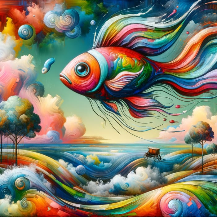 Whimsical Flying Fish Painting in Surreal Dreamscape | Salvador Dali Inspired