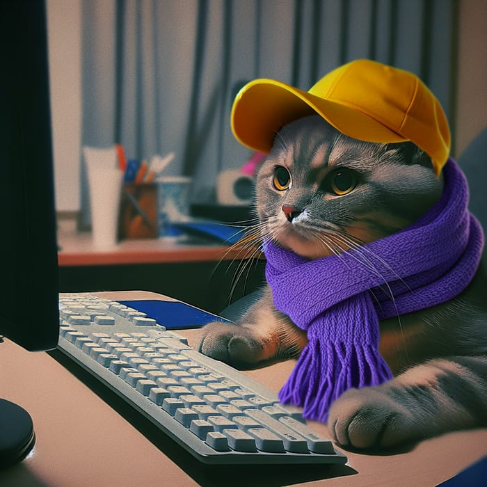 Cute Cat in Purple Scarf and Yellow Cap Using Computer