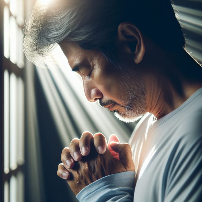 Man Bowing Head in Prayer with Bright Light