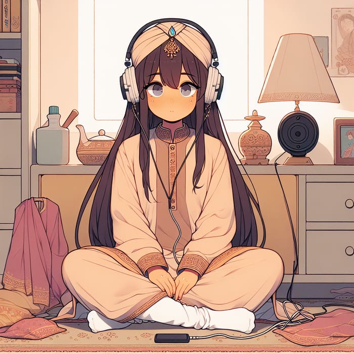 Anime Lofi Style Girl in Punjabi Suit Listening to Spiritual Songs