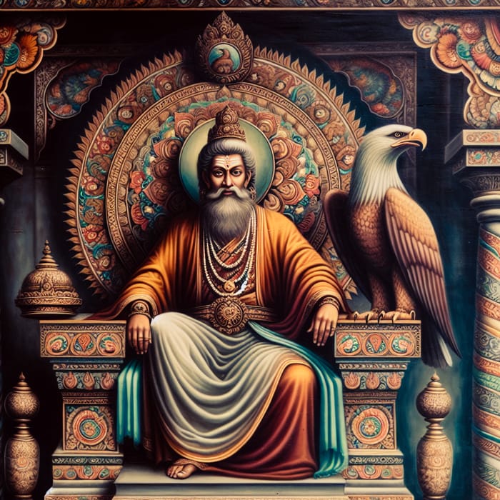 Guru Gobind Singh Ji on Majestic Throne - Regal Eagle and Vibrant Colors