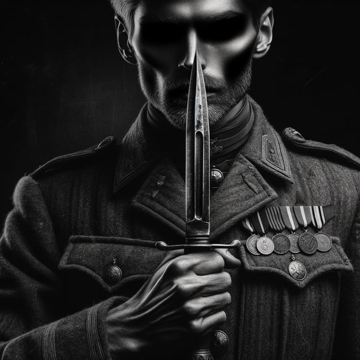 Male Soldier with Hollow Face and Bayonet | Vintage Black & White