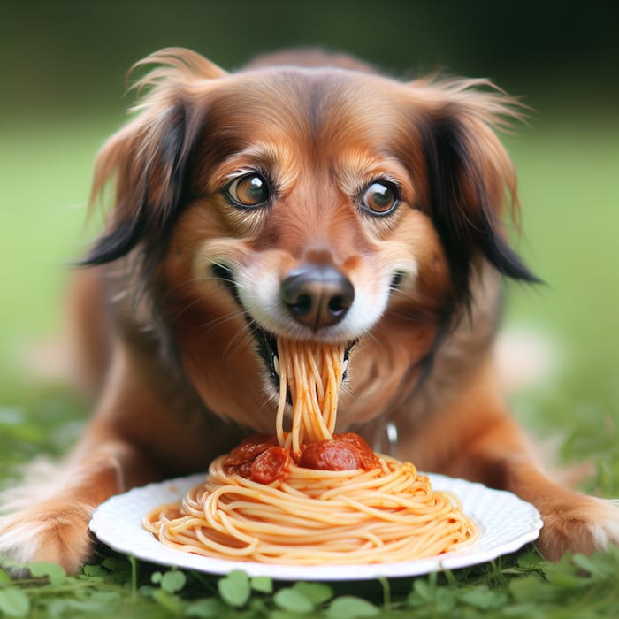 Playful Dog Eating Noodles on Grassy Field