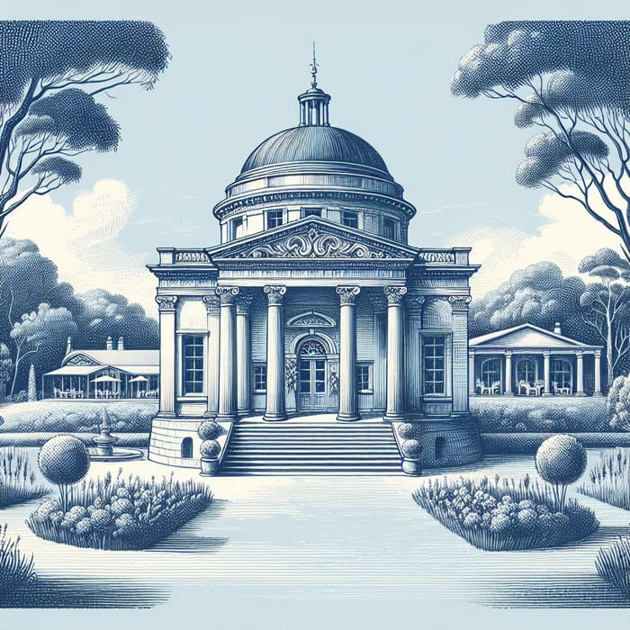 French Blue Etched Sketch of Palladio Arcadia Wedding Venue in NSW, Australia