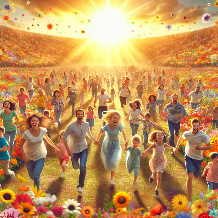 Joyful Families Running Through Vibrant Flower Field | Diverse Parents & Children