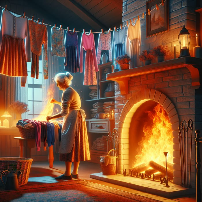 Cozy Fireplace Scene with Elderly Woman Hanging Colorful Laundry