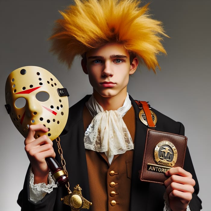 17-Year-Old Teenager in Pioneer Uniform with Attorney Badge, Hockey Mask, and Spiky Yellow Hair