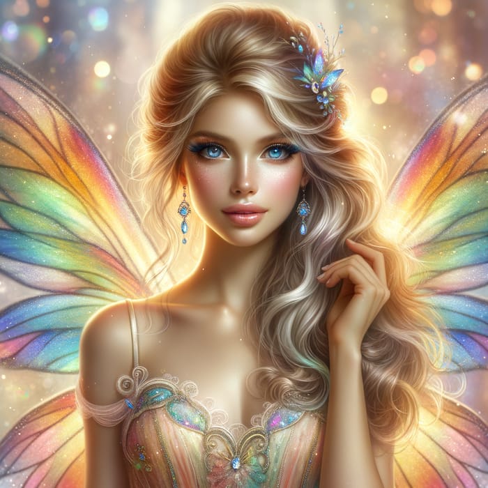 Enchanting Feminine Fantasy Fairy with Honey Blonde Wavy Hair & Colorful Wings