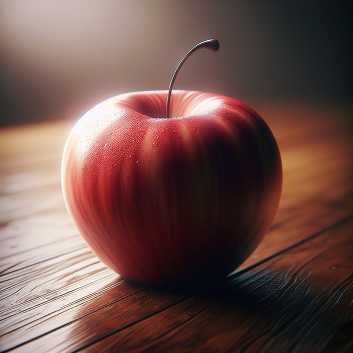 Hyper-Realistic Red Apple on Dark Wood Table