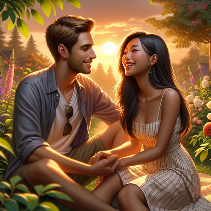 Romantic Couple Embracing in Beautiful Sunset Garden