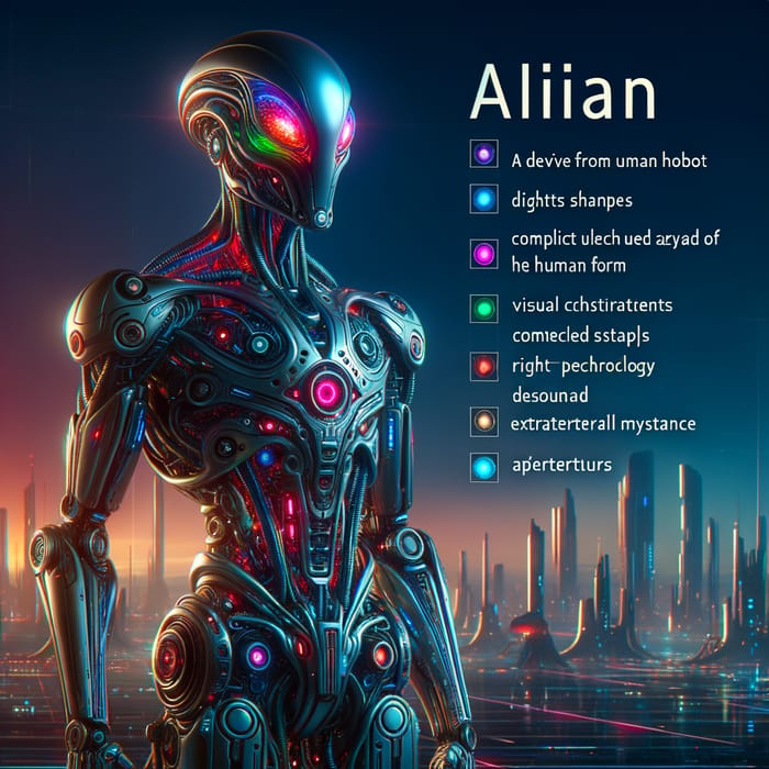 Futuristic Alien Robot in Neon: Hi-Tech Extraterrestrial Design