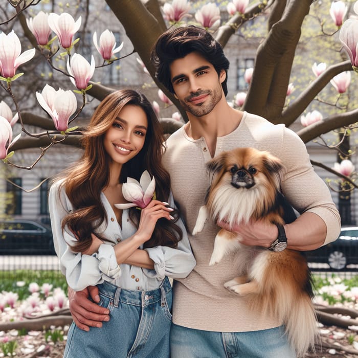 Blooming Magnolia: Beautiful Woman, Man with Dog in Spring Scene