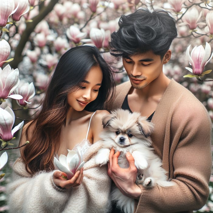 Beautiful Couple with Dog in Magnolia Blossoms