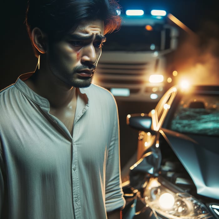 Man in Nighttime Traffic Accident: Urgency & Tension | South Asian Man Near Car