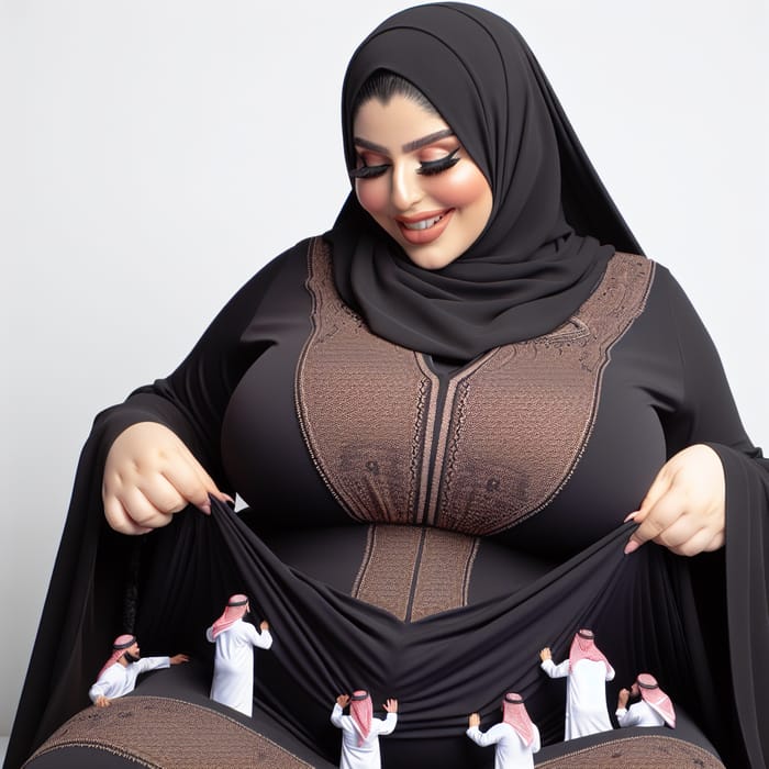 Arabic Plus-Sized Woman Playfully Caring for Tiny Men