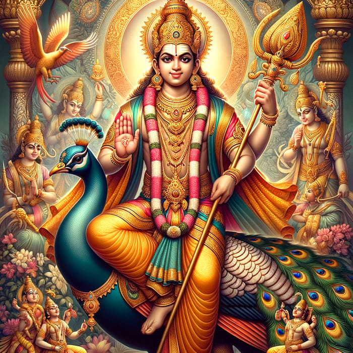 Divine Lord Subramanya - Regal Deity on Peacock
