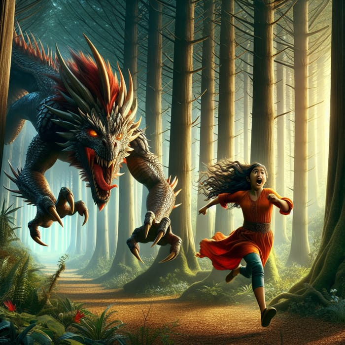 Brave Girl Escaping from a Terrifying Dragon
