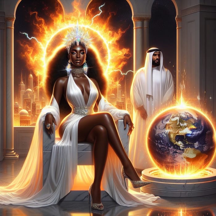 Radiant Black Woman in Flowy White Dress | Fire Aura and Divine City Imagery